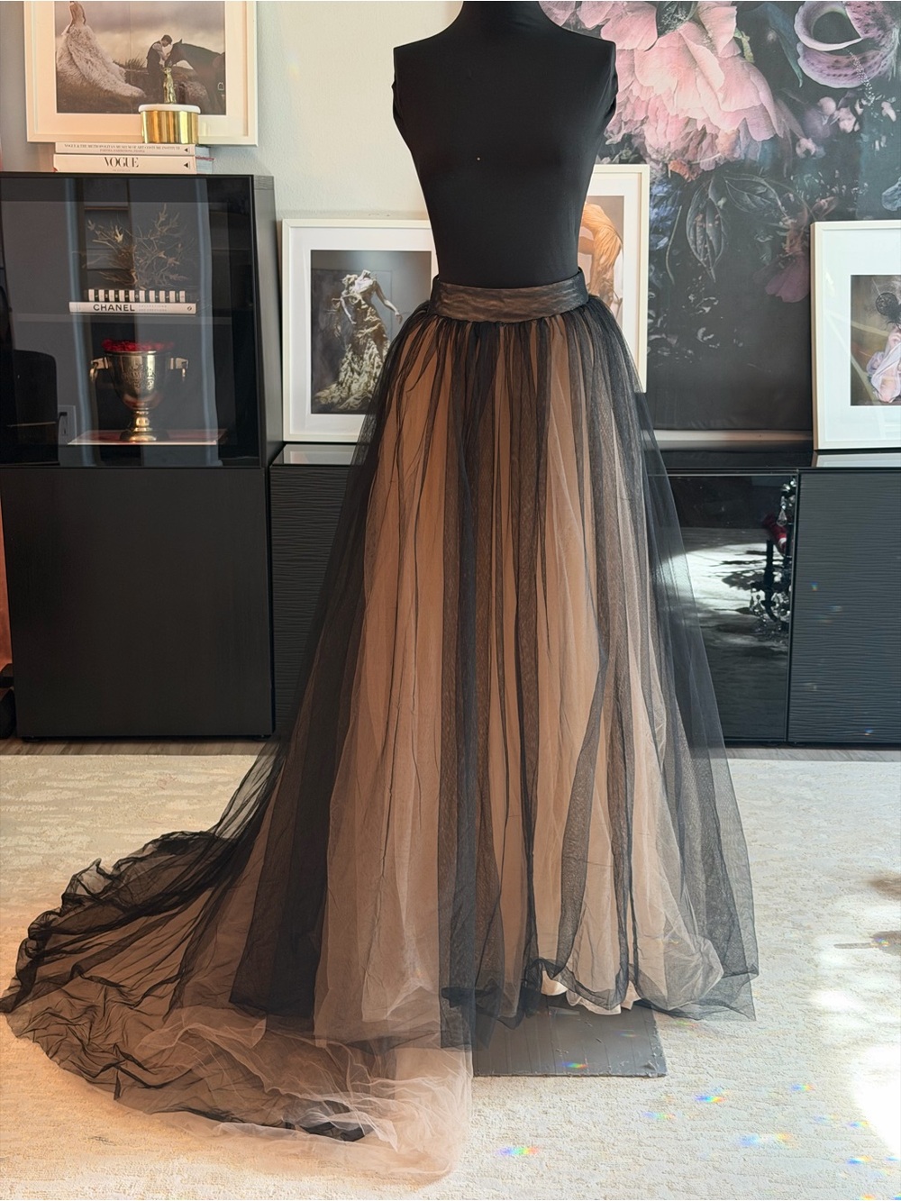 Elegant Black & Nude Tulle Maxi Skirt
